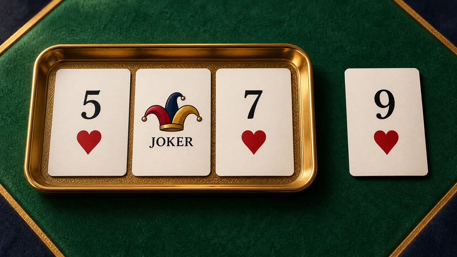 Five of hearts, a printed Joker and seven of hearts grouped in a tray, with nine of hearts outside