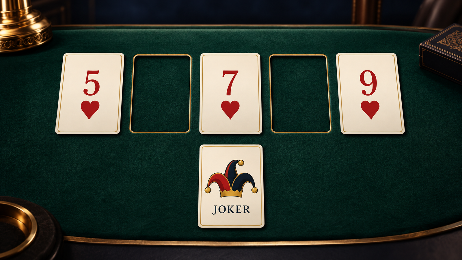 Five, seven and nine of hearts with two empty card spaces and one separate printed Joker