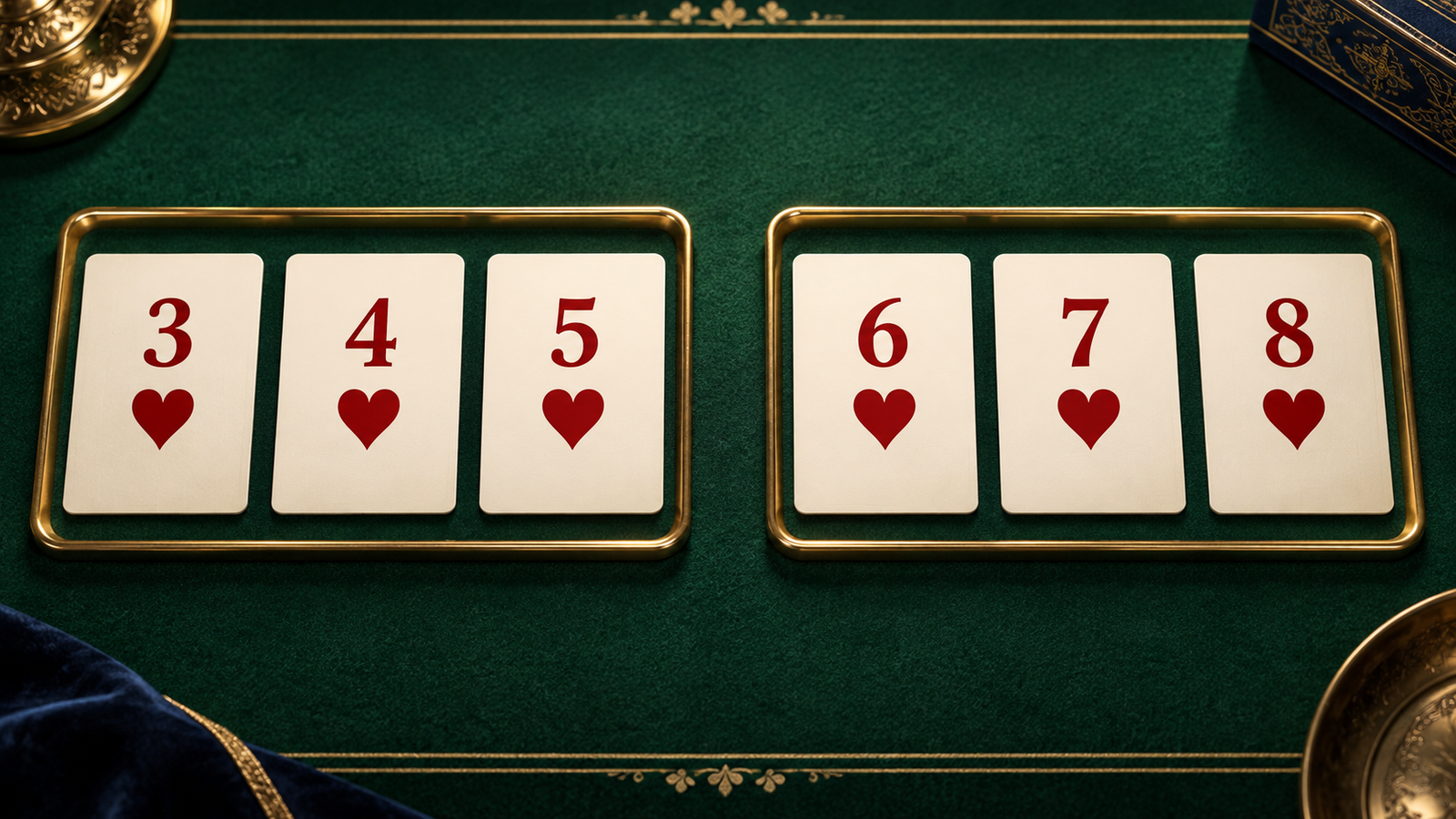 Six minimalist heart cards numbered three through eight divided between two gold trays