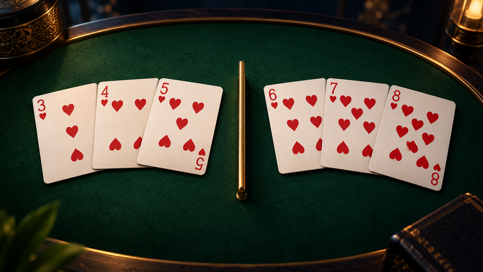 Three-four-five and six-seven-eight of hearts arranged as two groups on green felt