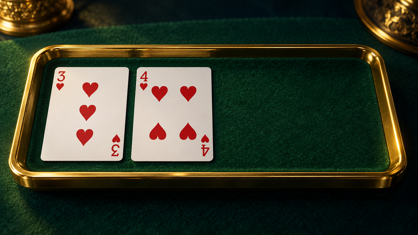 Three and four of hearts in a gold tray with empty space to their right