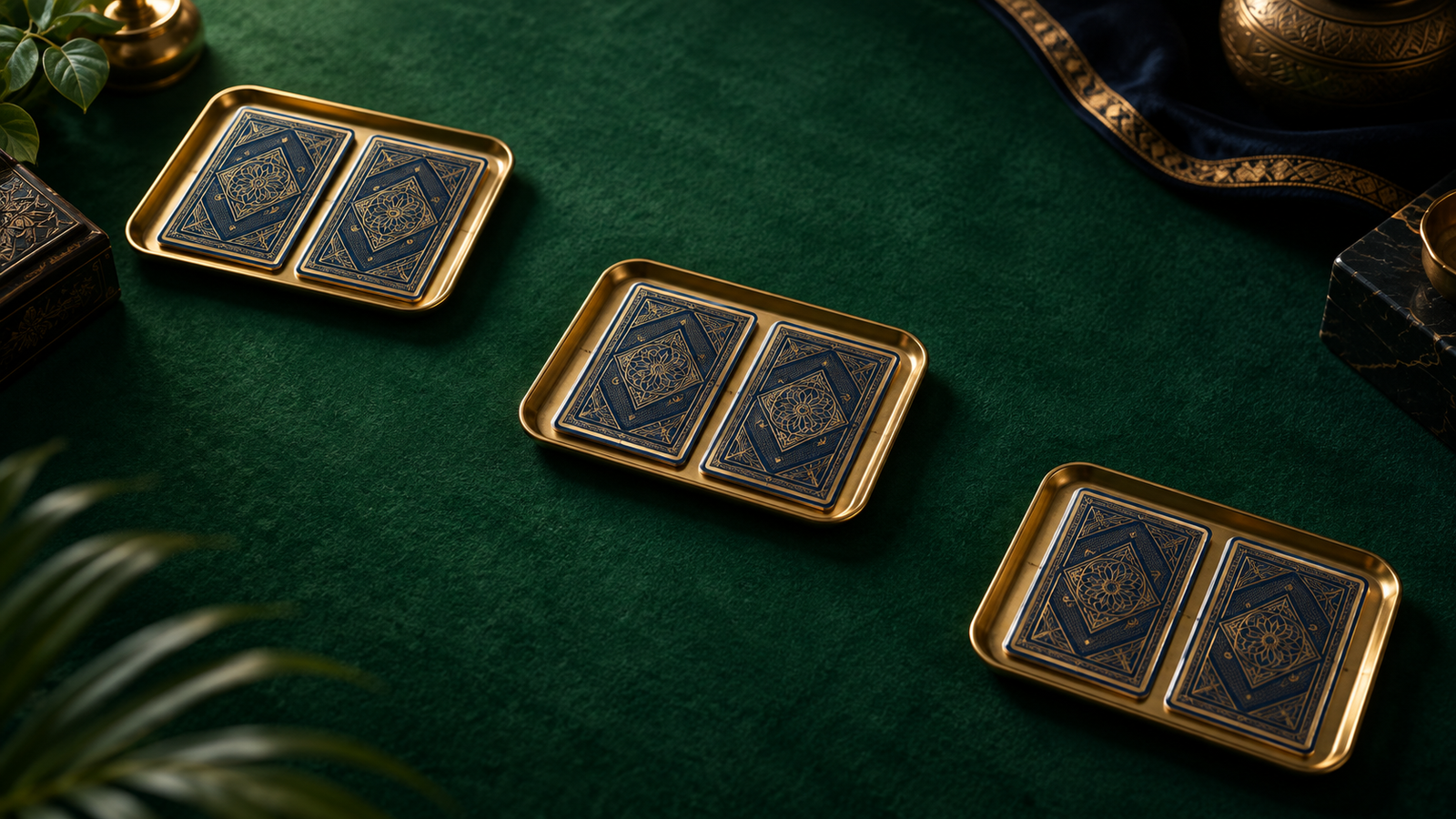 Three gold trays each holding two face-down navy playing cards