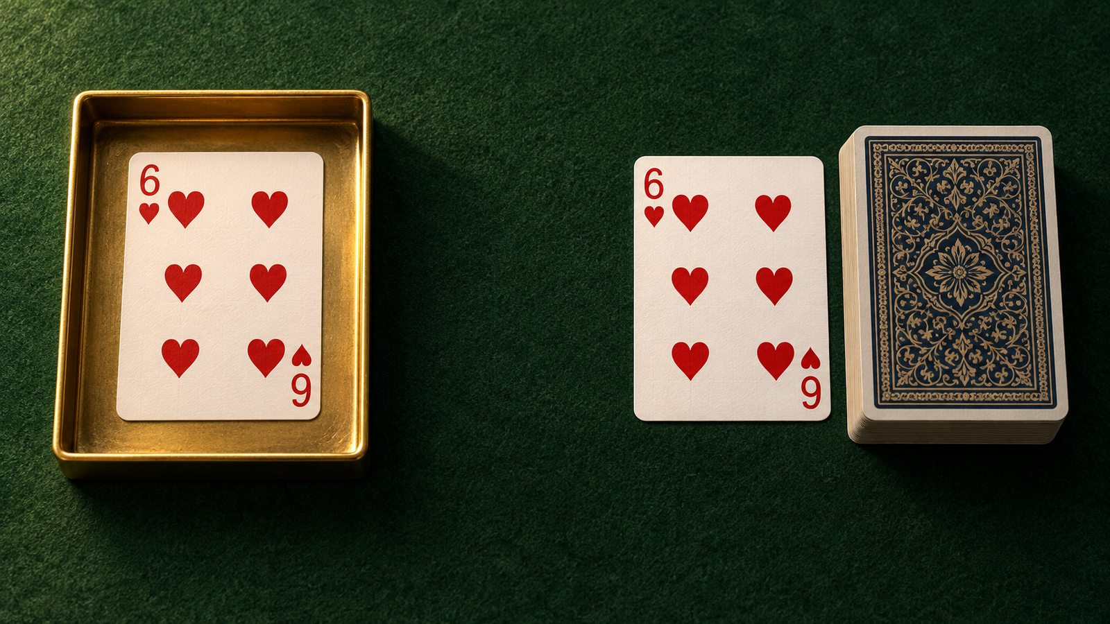 Two separate six of hearts cards, one in a gold tray and one beside a face-down deck