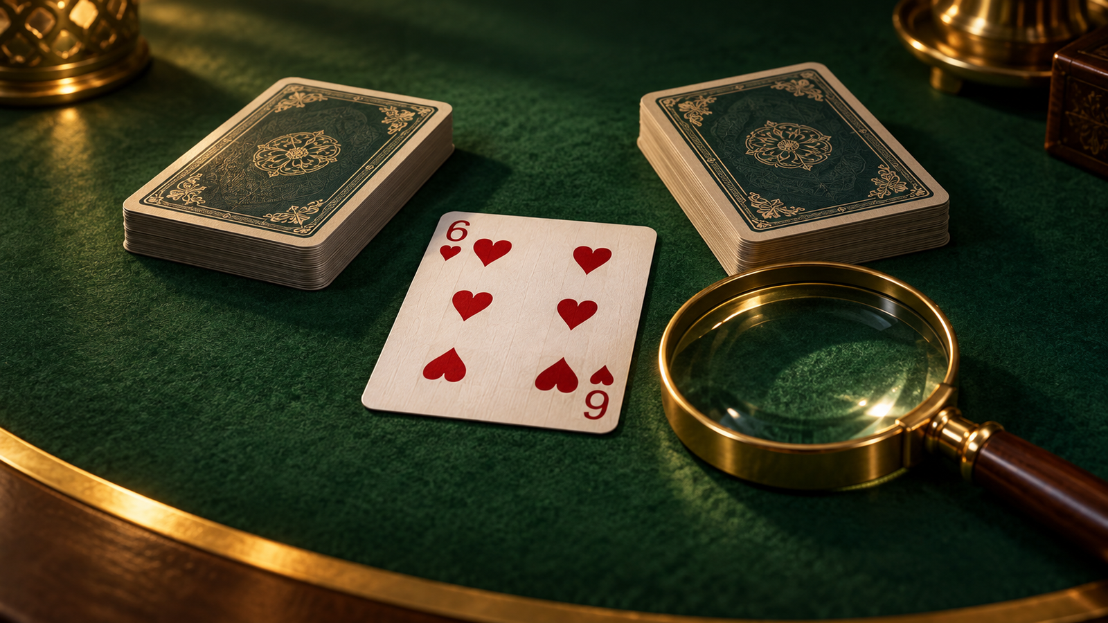 Six of hearts beside face-down decks and a brass magnifying glass on green felt